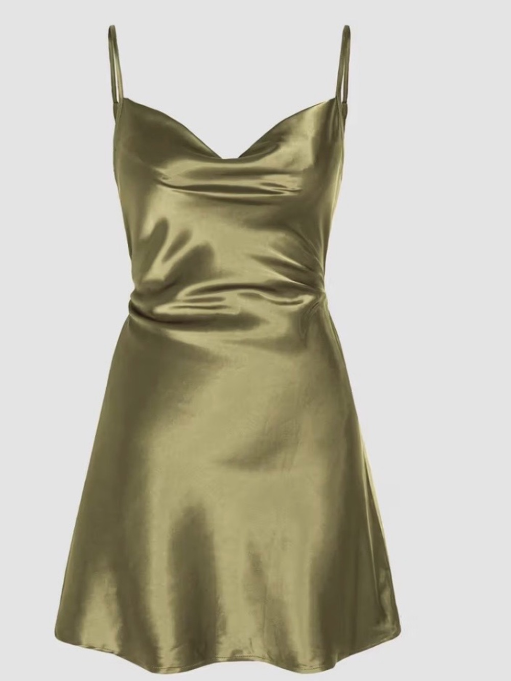 Cider Olive Satin Cowl Slip Mini Dress